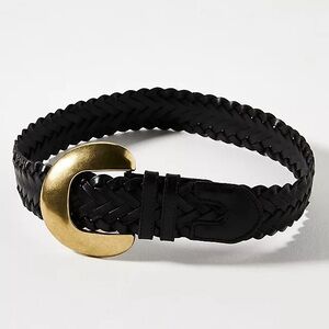 Anthropologie Black Braided Leather Belt with Gold Buckle